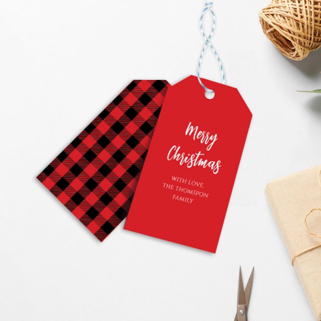 Étiquettes-cadeau Joyeux Noël Calligraphie Buffalo Check (Merry Christmas calligraphy script buffalo check pattern gift tag. )