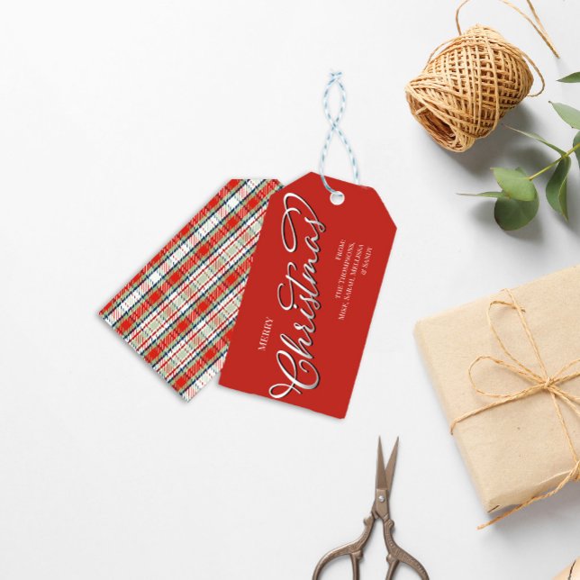 Étiquettes-cadeau Joyeux Noël Calligraphie Script mignon Rouge Plaid (Merry Christmas stylish silver calligraphy script gift tag with a red and green plaid pattern. )