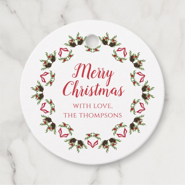 Étiquettes Cadeau Joyeux Noël Calligraphie Script Wreath moderne (Devant)