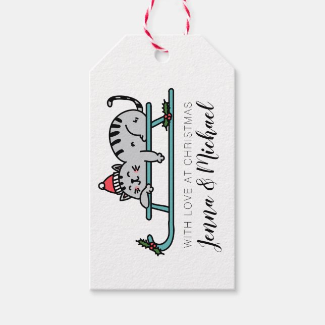 Étiquettes-cadeau Joyeux Noël | Chat de traîneau d'hiver (Devant)