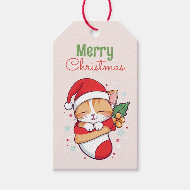 Étiquettes-cadeau Joyeux Noël - Chaton couché à Santa Hat (Devant)