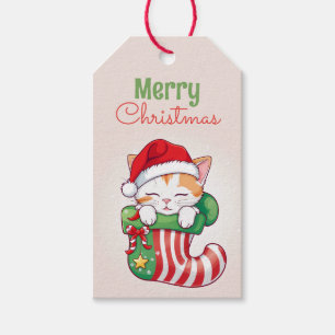 Étiquettes-cadeau Joyeux Noël - Chaton couché à Santa Hat