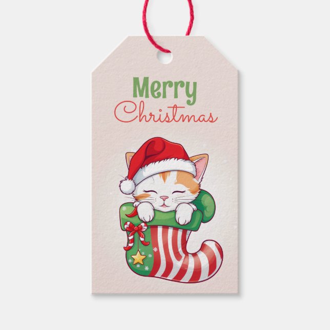 Étiquettes-cadeau Joyeux Noël - Chaton couché à Santa Hat (Devant)