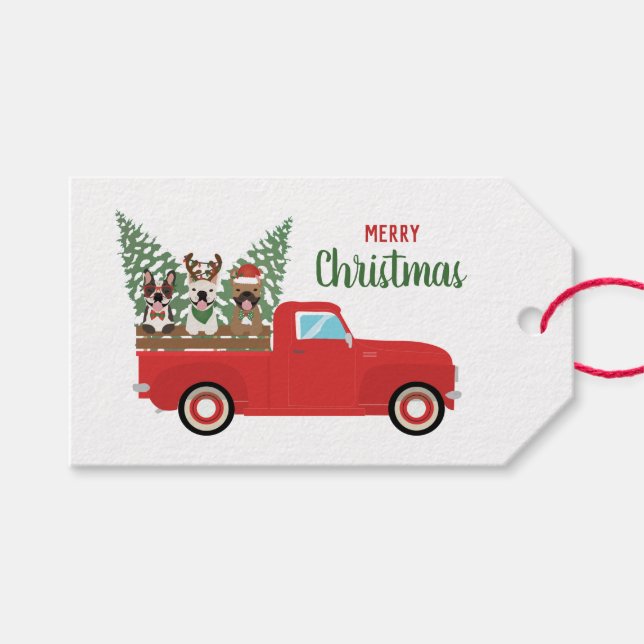 Étiquettes-cadeau Joyeux Noël Chiens de taureaux français Camion de  (Devant (Horizontal))