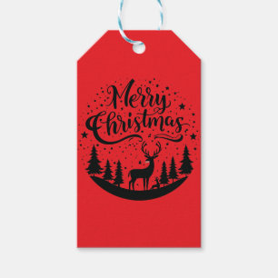 Étiquettes-cadeau Joyeux Noël classique Cerfs et Arbre Design Art