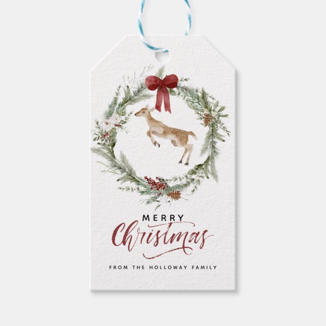 Étiquettes-cadeau Joyeux Noël classique Joyeux hiver Wreath (Devant)