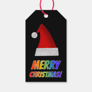 Étiquettes-cadeau "Joyeux NOËL !" dans Rainbow Text, Red Santa Hat
