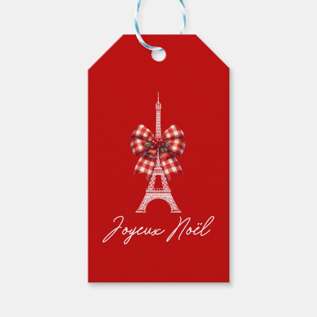 Étiquettes-cadeau Joyeux Noël Eiffel Tour Noël Bow rouge et blanc (Devant)