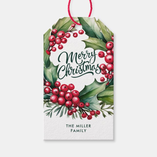 Étiquettes-cadeau Joyeux Noël Elégante verdure Berry Wreath (Devant)