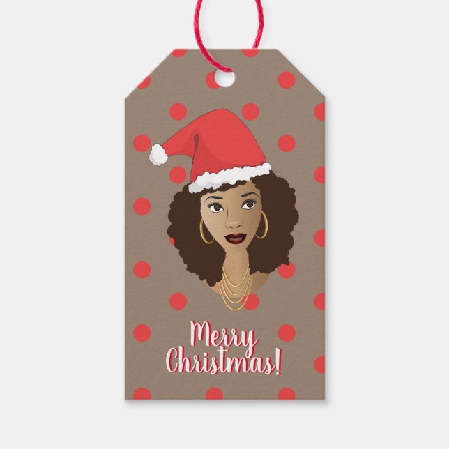 Étiquettes-cadeau Joyeux Noël! Femme noire, Santa Hat, Polka Dot (Devant)
