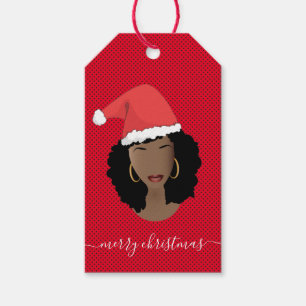 Étiquettes-cadeau Joyeux Noël, Femme noire, Santa Hat, Rouge