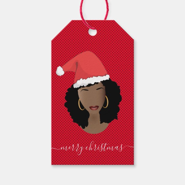 Étiquettes-cadeau Joyeux Noël, Femme noire, Santa Hat, Rouge (Devant)