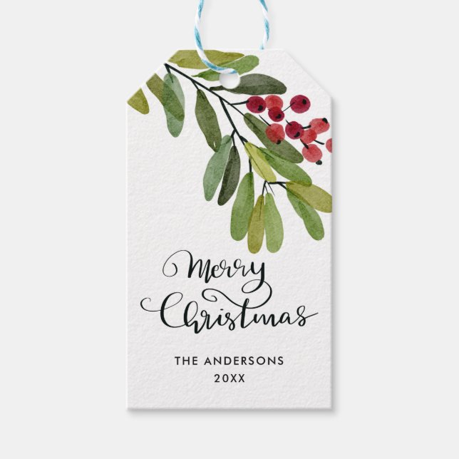Étiquettes-cadeau Joyeux Noël Fêtes Red Berries Holly Feuilles (Devant)