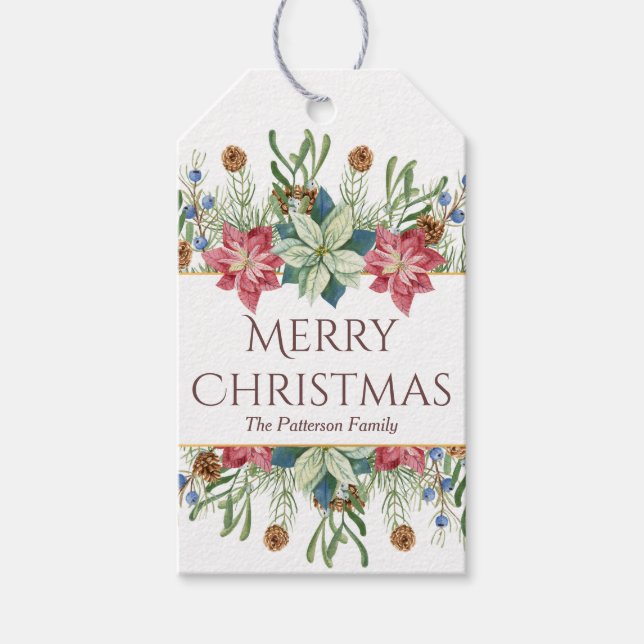 Étiquettes-cadeau Joyeux Noël Fleurs d'hiver aquarelle Nom (Devant)