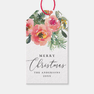 Étiquettes-cadeau Joyeux Noël Fleurs Roses Aquarelle Élégante