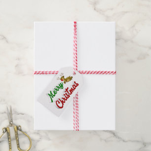 Étiquettes-cadeau Joyeux Noël Flying Reindeer rouge vert script