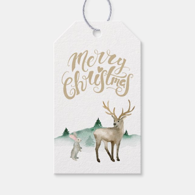 Étiquettes-cadeau Joyeux Noël Forêt Animaux Scène d'hiver (Devant)