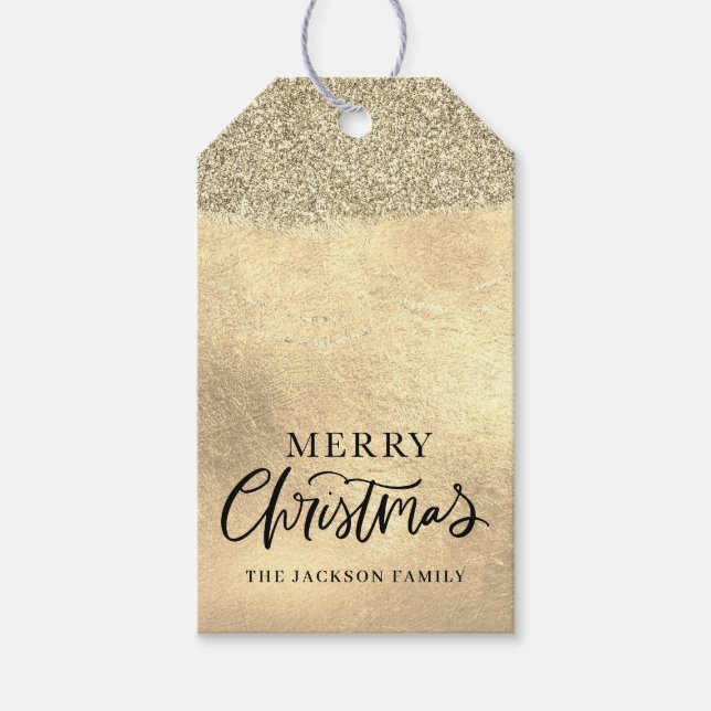 Étiquettes-cadeau Joyeux Noël Gold Parties scintillant métallique (Devant)