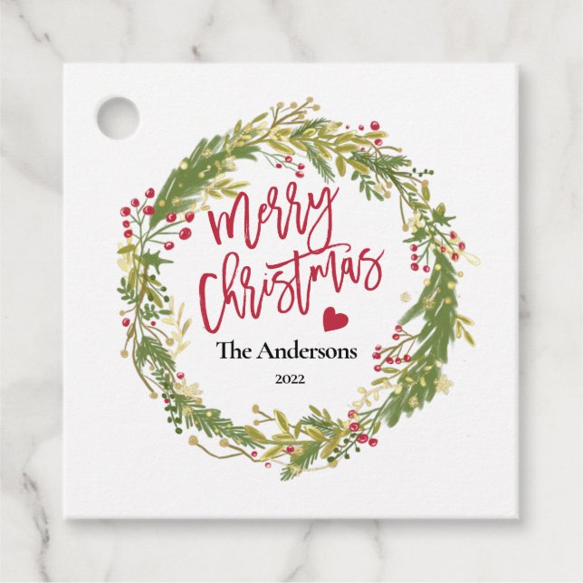Étiquettes Cadeau Joyeux Noël Holly Wreath Typographie rustique (Devant)