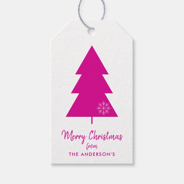 Étiquettes-cadeau Joyeux Noël Hot Pink sapin de Noël (Devant)