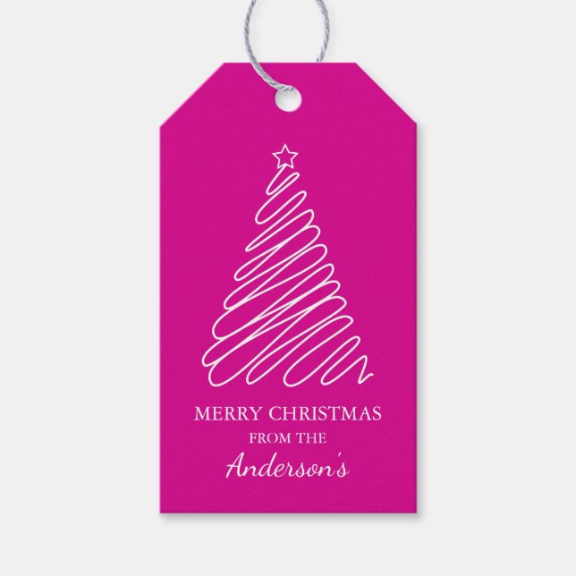 Étiquettes-cadeau Joyeux Noël Hot rose White Scribble Tree (Devant)