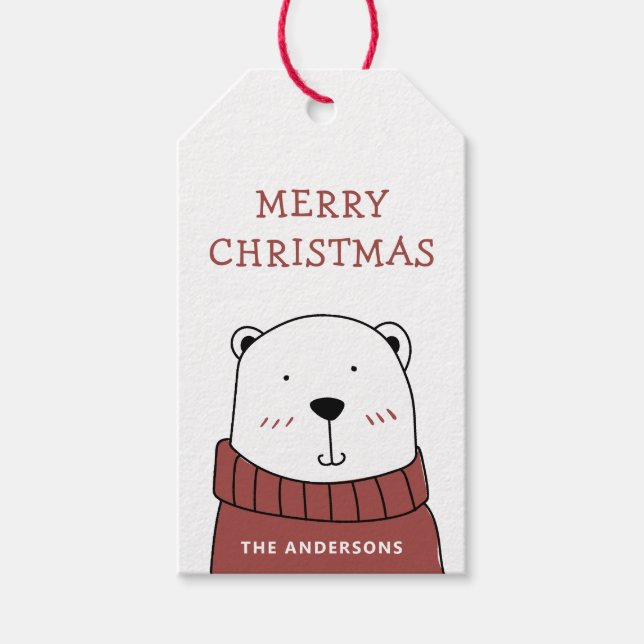 Étiquettes-cadeau Joyeux Noël. Joli ours polaire hivernal (Devant)