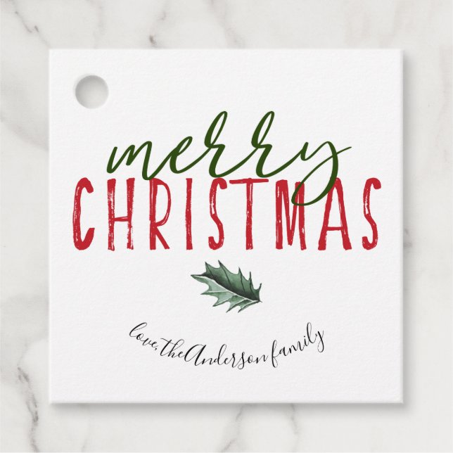 Étiquettes Cadeau Joyeux Noël Lettres main Aquarelle Holly (Devant)