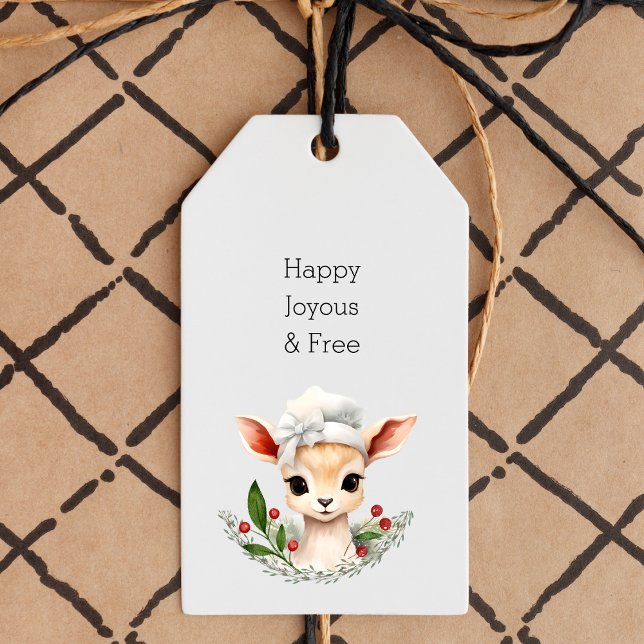Étiquettes-cadeau Joyeux Noël Libre, Jote Deer Sober (sobriety christmas gift tag, sober xmas label with cute deer and "happy joyous free" typewriter font)