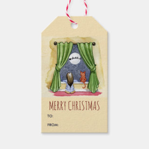 Étiquettes-cadeau Joyeux Noël mignon Enfant & Kitty Chat Noël