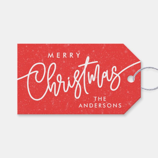 Étiquettes-cadeau Joyeux Noël moderne Calligraphie Script Neige Roug (Devant (Horizontal))