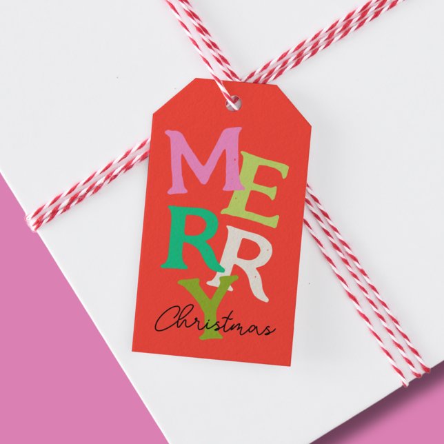 Étiquettes-cadeau Joyeux Noël Moderne Lumineux Férié (Modern and bright Merry Christmas red typography festive Holiday gift tags, )