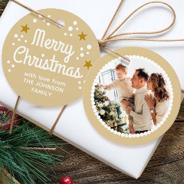 Étiquettes Cadeau Joyeux Noël Nom photo Simple Gold Round Cadeau