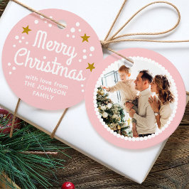 Étiquettes Cadeau Joyeux Noël Nom photo Simple rose ronde cadeau