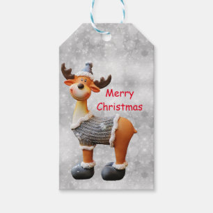 Étiquettes-cadeau Joyeux Noël orignal portant un chapeau     