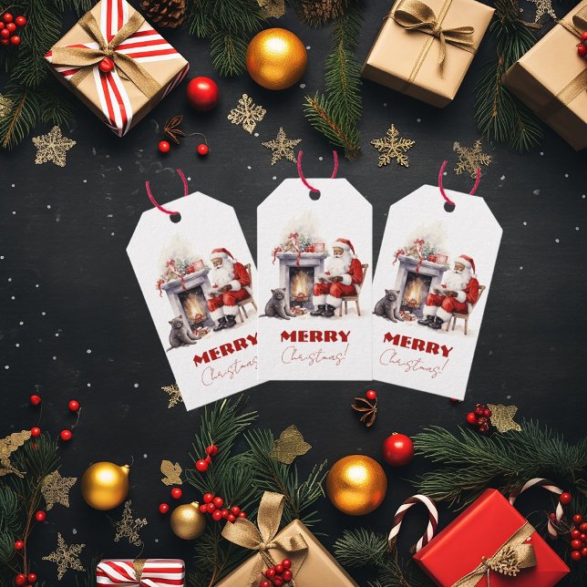 Étiquettes-cadeau Joyeux Noël Père Noël au coin de la cheminée (Créateur téléchargé)