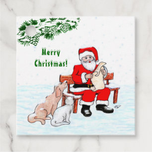 Étiquettes Cadeau Joyeux Noël! Père Noël avec chat et chien