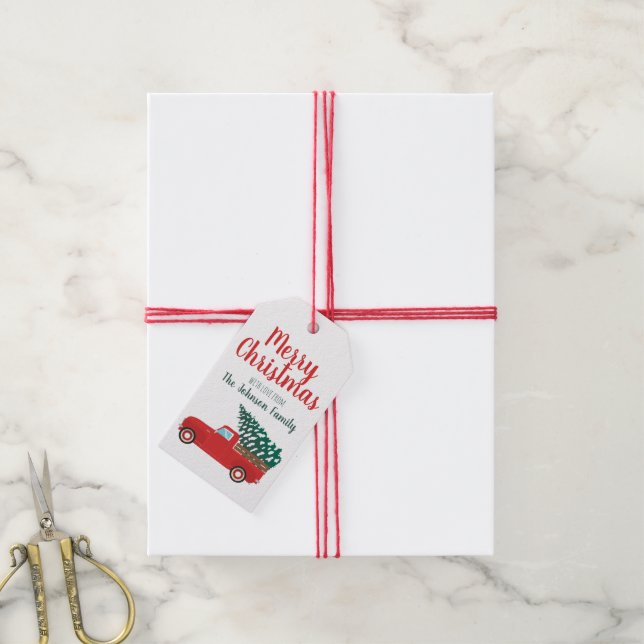 Étiquettes-cadeau Joyeux Noël Petit Camion de ramassage rouge (Avec de la ficelle)