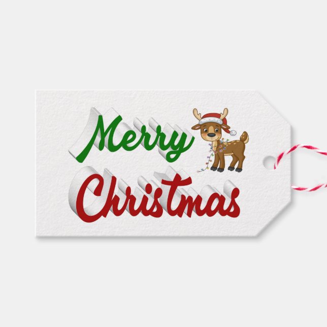 Étiquettes-cadeau Joyeux Noël Reindeer rouge vert script (Devant (Horizontal))