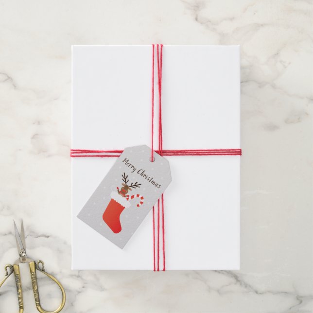 Étiquettes-cadeau Joyeux Noël Reindeer Sucre de canne Rouge Blanc (Avec de la ficelle)