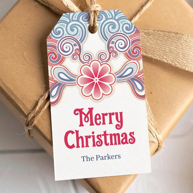 Étiquettes-cadeau Joyeux Noël rétro rouge et bleu (Créateur téléchargé)