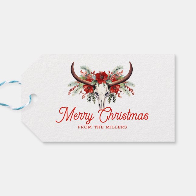 Étiquettes-cadeau Joyeux Noël Retro Typographie Crâne floral 2 (Dos Horizontal)