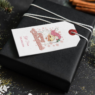 Étiquettes-cadeau Joyeux Noël Retro Typographie Père Noël Pink Casqu