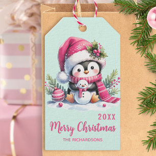 Étiquettes-cadeau Joyeux Noël rose menthe vert pingouin amusant