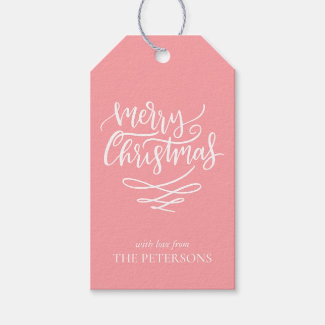 Étiquettes-cadeau Joyeux Noël rose Script Arbres de Noël (Devant)