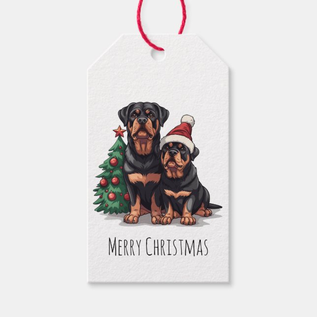 Étiquettes-cadeau Joyeux Noël Rottweiler Chien Arbre de Noël (Devant)