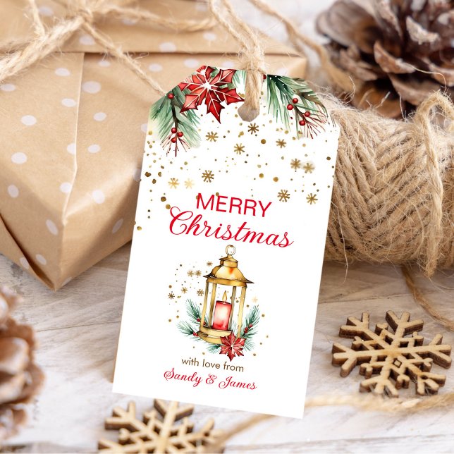 Étiquettes-cadeau Joyeux Noël rustique aquarelle or lanterne (Merry Christmas rustic watercolor lantern gold snowflakes gift tags)