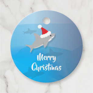Étiquettes Cadeau Joyeux Noël Santa Hat Cute Shark Holiday