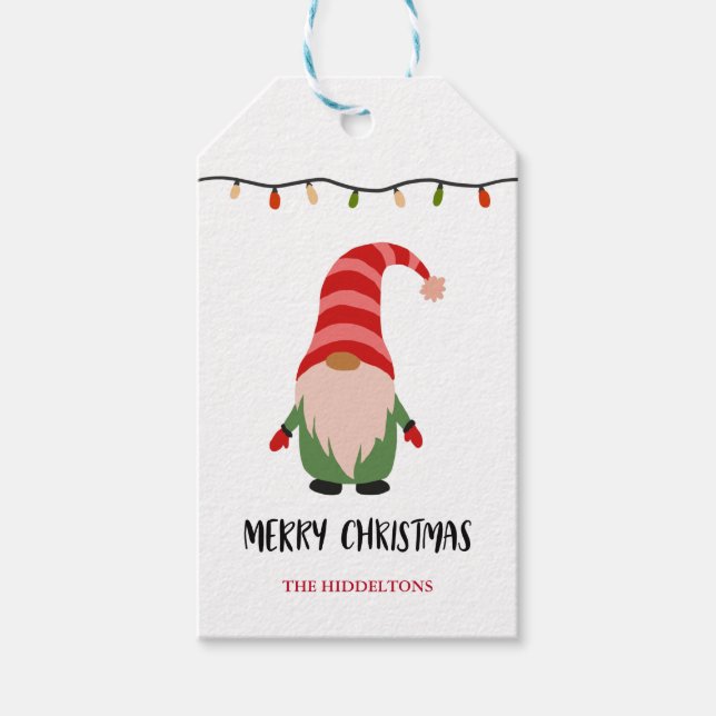 Étiquettes-cadeau Joyeux Noël Script mignon lumières Gnome (Devant)