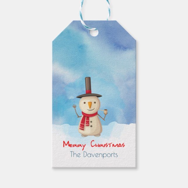 Étiquettes-cadeau Joyeux Noël Snowman Agitant Et Souriant (Devant)