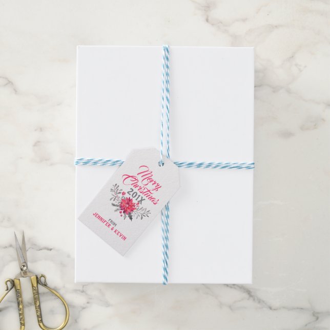 Étiquettes-cadeau Joyeux Noël Typographie & Bouquet de Noël (Avec de laficelle)